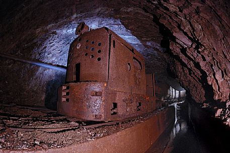 Miniera di Molinello, train that was transporting manganese ore from the interior of this abandoned mine in Val Graveglia, Genova, Liguria, Italy
