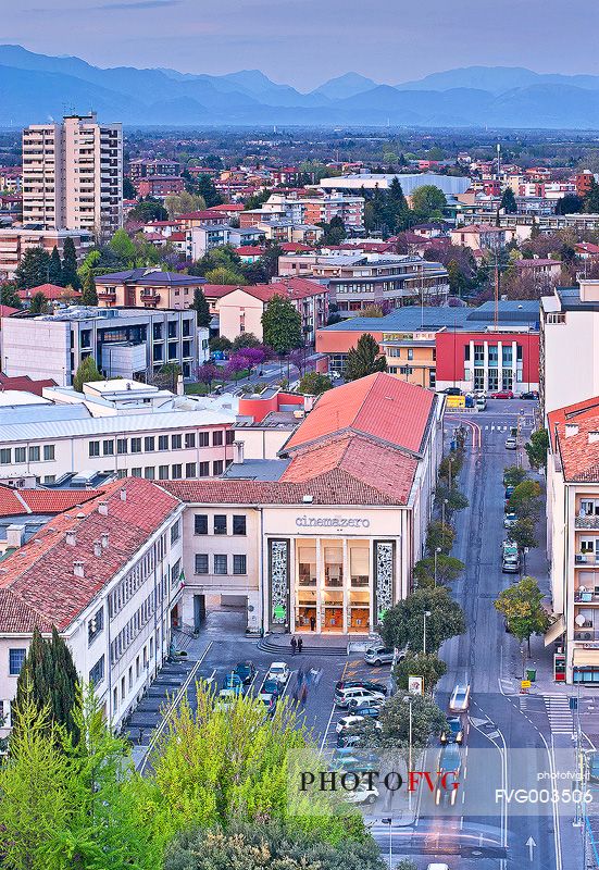 Aerial view of Piazza Maestri del Lavoro square in Pordenone city, in the background the Prealps of Friuli, Friuli Venezia Giulia Italy, Europe