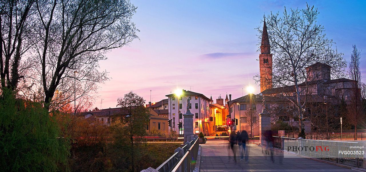 The bridge of Adam and Eve with the San Marco's bell tower, Pordenone, Friuli Venezia Giulia, Italy, Europe