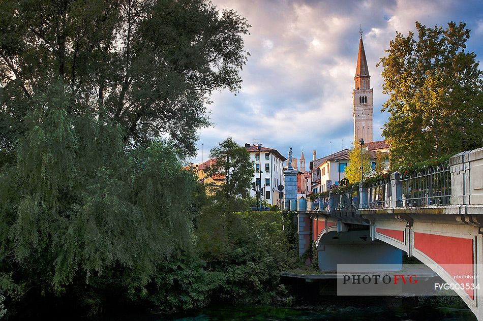 The bridge of Adam and Eve with the San Marco's bell tower, Pordenone, Friuli Venezia Giulia, Italy, Europe