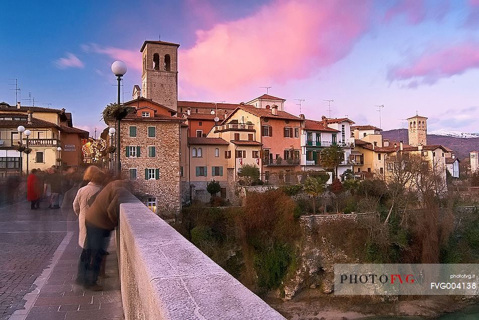 Sunset on the Devil's Bridge in Cividale del Friuli, a UNESCO heritage site since 2011, Friuli Venezia Giulia, Italy, Europe