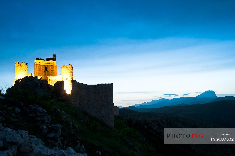 Rocca of Calascio, medieval castle in the evening light, Gran Sasso and Monti della Laga national park, Abruzzo, Italy, Europe