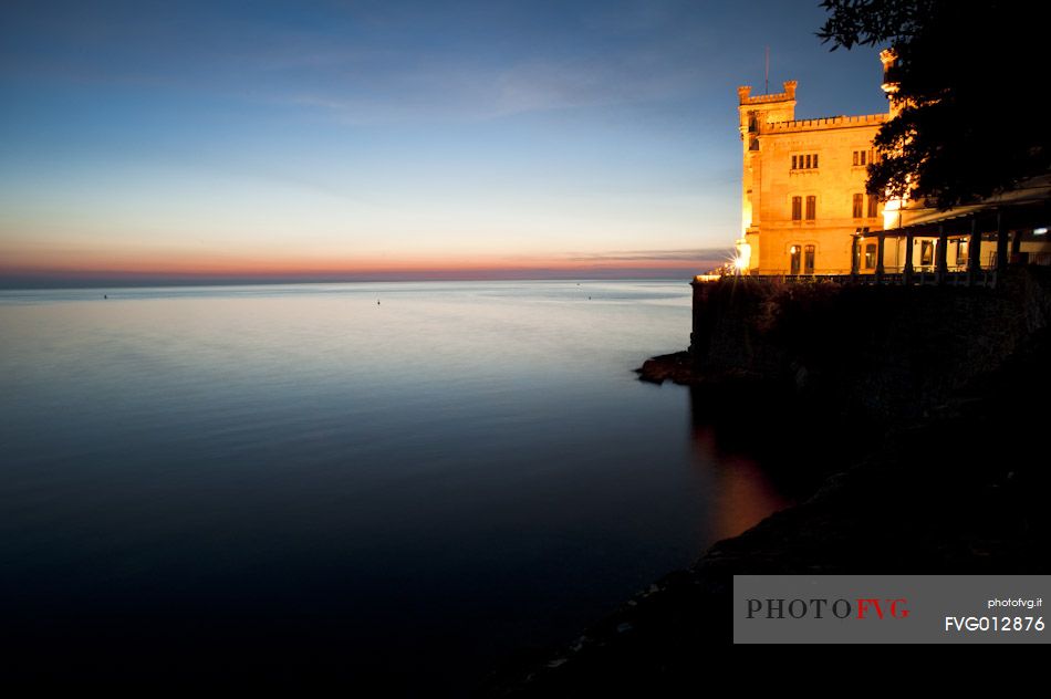 Miramare Castle at sunset. It was a residence of the Hapsburg Court. The monument is the main attraction of Trieste. Friuli Venezia Giulia, Italy, Europe