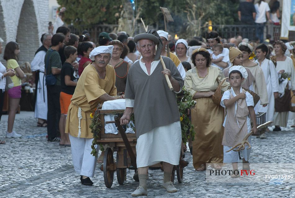 Parade with medieval clothes along the town streets in Spilimbergo, Friuli Venezia Giulia, Italy, Europe