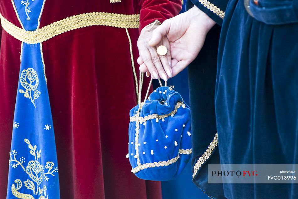 Detail of a beautiful cloth during the historical reenactment of the Macia in Spilimbergo, Friuli Venezia Giulia, Italy, Europe