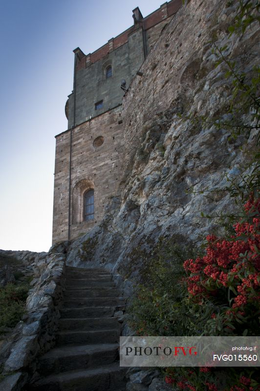 The Sacra of San Michele on Mount Pirchiriano in St. Ambrogio, it is prestigious religious architectural symbol of Piedmont, Susa valley, Piedmont, Italy.