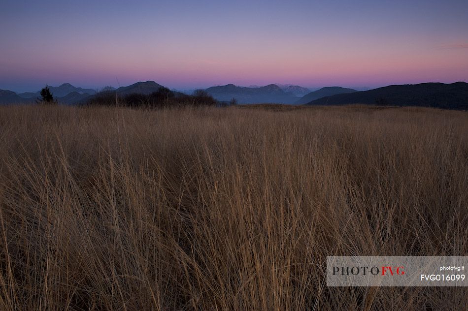 Meadows of the mount Valinis in the Eastern Alps, in the background the Julian Alps in the light of sunset, Meduno, Friuli Venezia Giulia, Italy, Europe