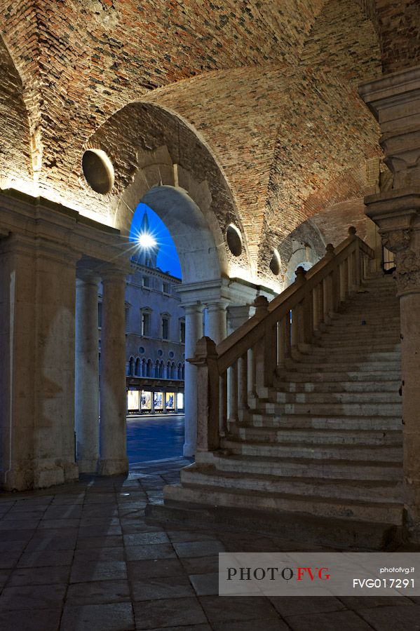 The loggia of the Basilica Palladiana, a Renaissance building in the central Piazza dei Signori in Vicenza at twilight, Unesco heritage, Veneto, Italy, Europe