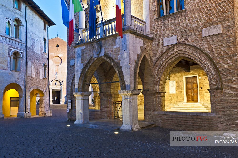 The city hall of Pordenone, one of the city's landmarks. In the background the Cathedral of Saint Mark, Friuli Venezia Giulia, Italy, Europe