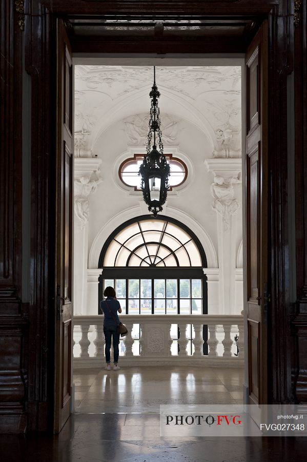 A tourist visits  the Belvedere Palace a historic building in Vienna, Austria.