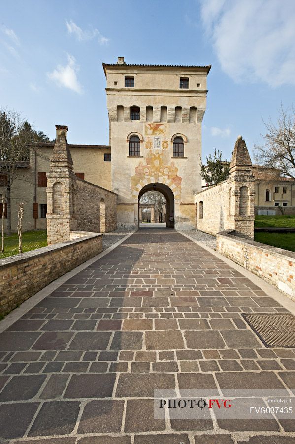 The tower Grimani, gate of  Abbazia di Santa Maria in Sylvis, abbey, Sesto al Regena village, one of the most beautiful villages in Friuli Venezia Giulia, Italy, Europe