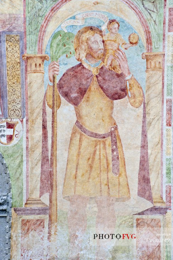 Detail of the fresco on the faade of the church of San Pietro and San Biagio in Cividale del Friuli village, Unesco heritage, Friuli Venezia Giulia, Italy, Europe