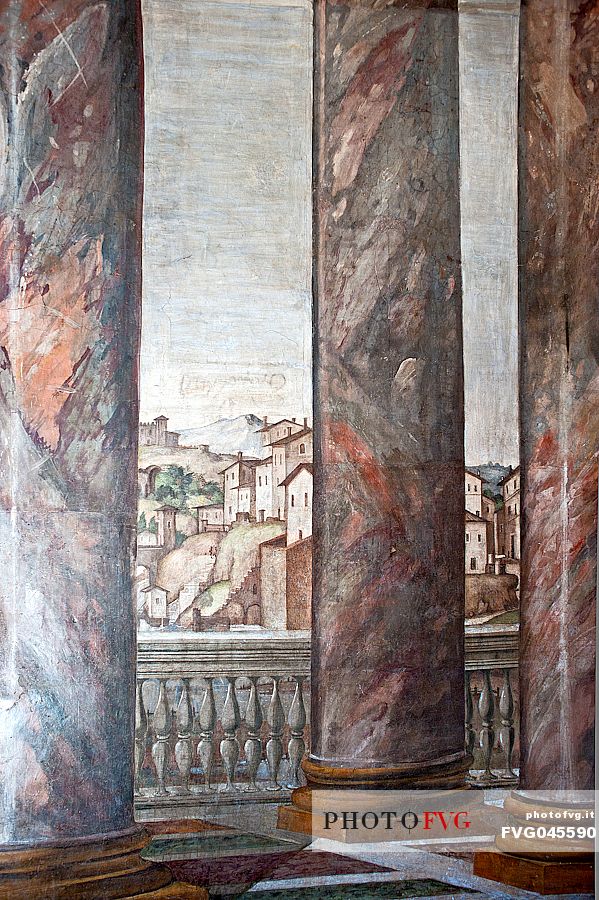 Detail of a fresco in the Sala delle Perspective at Villa Farnesina, now home to the Accademia Nazionale dei Lincei. Rome, Italy, Europe