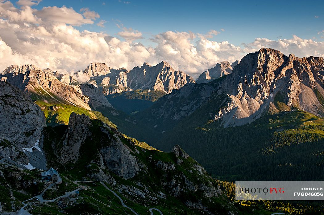The Calvi refuge from above, located in a wonderful panoramic position, between Mount Peralba and Mount Chiadenis near the source of the Piave river, Sappada, Friuli Venezia Giulia, Italy, Europe