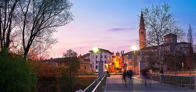 The bridge of Adam and Eve with the San Marco's bell tower, Pordenone, Friuli Venezia Giulia, Italy, Europe