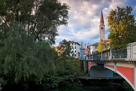 The bridge of Adam and Eve with the San Marco's bell tower, Pordenone, Friuli Venezia Giulia, Italy, Europe