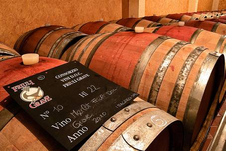 Barrels of wine in the winery I Magredi in north east Italy, Domanins, Friuli Venezia Giulia, Italy, Europe