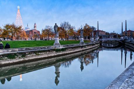 Christmas lights in Prato della Valle, in the background the Basilica of Saint Giustina, Padua, Italy, Europe