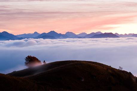 Clouds in the Colvera valley, in the background sunrise enlightens the Carnic prealps, Friuli Venzia Giulia, Italy, Europe