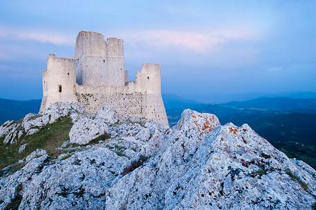 Rocca of Calascio, medieval castle in the evening light, Gran Sasso and Monti della Laga national park, Abruzzo, Italy, Europe