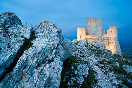 Rocca of Calascio, medieval castle in the evening light, Gran Sasso and Monti della Laga national park, Abruzzo, Italy, Europe