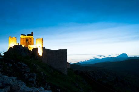 Rocca of Calascio, medieval castle in the evening light, Gran Sasso and Monti della Laga national park, Abruzzo, Italy, Europe