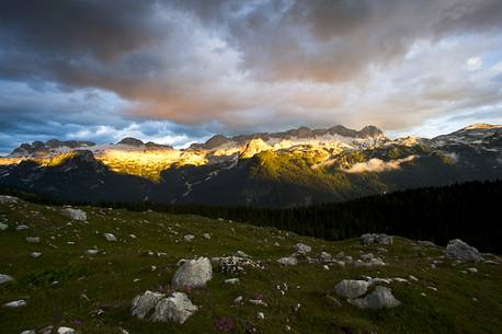 Sunset on Mount Canin from the Montasio plateau, Julian Alps, Friuli Venezia Giulia, Italy, Europe