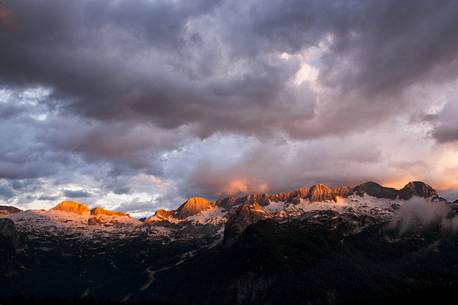 Sunset on Mount Canin from the Montasio plateau, Julian Alps, Friuli Venezia Giulia, Italy, Europe