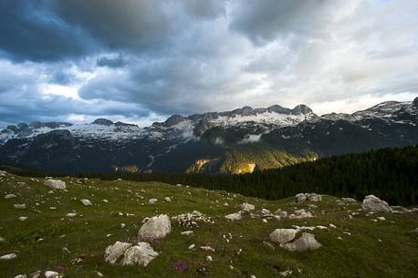 Sunset on Mount Canin from the Montasio plateau, Julian Alps, Friuli Venezia Giulia, Italy, Europe