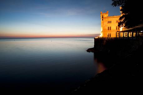 Miramare Castle at sunset. It was a residence of the Hapsburg Court. The monument is the main attraction of Trieste. Friuli Venezia Giulia, Italy, Europe