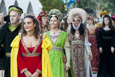 Embroidered dresses during the historical reenactment of the Macia in Spilimbergo, Friuli Venezia Giulia, Italy, Europe