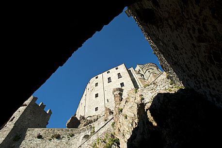 The Sacra of San Michele on Mount Pirchiriano in St. Ambrogio, it is prestigious religious architectural symbol of Piedmont, Susa valley, Piedmont, Italy.