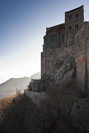 The Sacra of San Michele on Mount Pirchiriano in St. Ambrogio, it is prestigious religious architectural symbol of Piedmont, Susa valley, Piedmont, Italy.