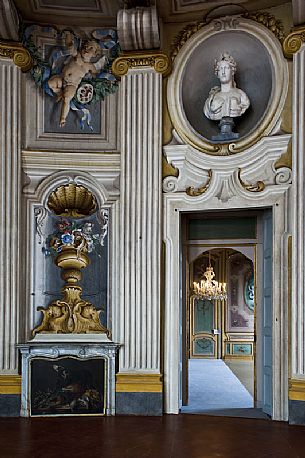 Inside room of the Savoy Residence for Hunting and Feasts of 1729. The Palazzina Hunting Residence is one of the most important monuments of Turin. It is unesco world heritage site. Palazzina di Stupinigi, Turin, Italy