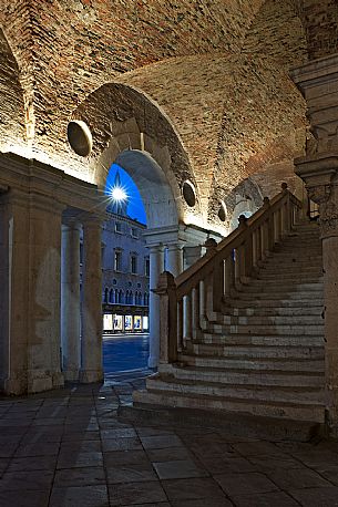 The loggia of the Basilica Palladiana, a Renaissance building in the central Piazza dei Signori in Vicenza at twilight, Unesco heritage, Veneto, Italy, Europe