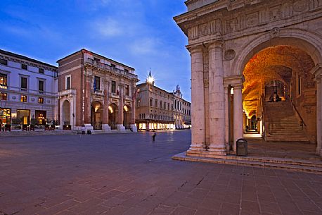 The Capitanio Palace and detail of the Basilica Palladian Loggia in Piazza dei Signori in Vicenza. Italy, Europe