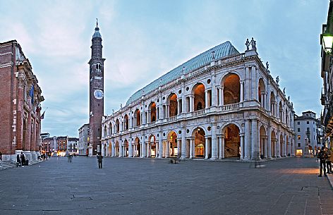 The Palladian Basilica or Basiica Palladiana, symbol of the city, with the Bissara tower and on the left the Palace Capitanio. Piazza dei Signori, Vicenza, Italy, Europe The Palladian Basilica or Basiica Palladiana, symbol of the city, with the Bissara tower and on the left the Palace Capitanio. Piazza dei Signori, Vicenza, Italy, Europe