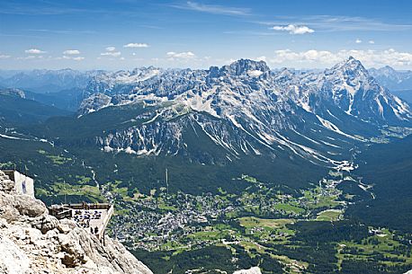 An incredible view over the city of Cortina d'Ampezzo and the Sorapiss Group from the panoramic terrace of Cima Tofana peak, Cortina, Cadore, Belluno, veneto, Italy.