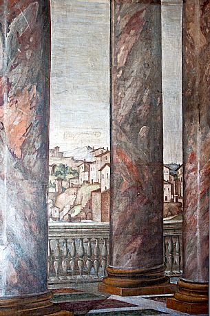 Detail of a fresco in the Sala delle Perspective at Villa Farnesina, now home to the Accademia Nazionale dei Lincei. Rome, Italy, Europe