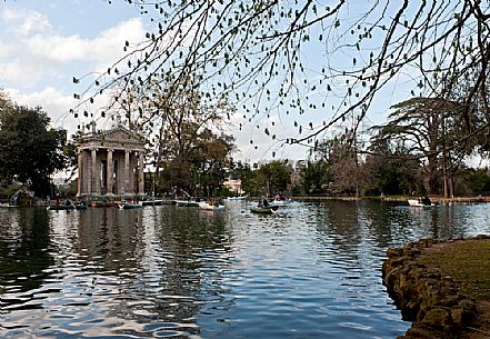 Villa Borghese park and lake, Temple of Aesculapius, Rome, Italy, Europe