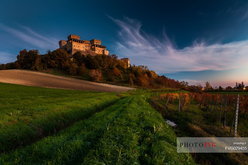 Torrechiara castle at sunrise, Langhirano, Emilia Romana, Italy