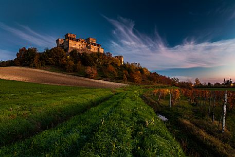 Torrechiara castle at sunrise, Langhirano, Emilia Romana, Italy Torrechiara castle at sunrise, Langhirano, Emilia Romana, Italy
