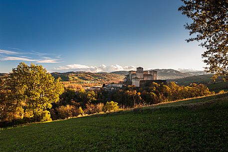 Torrechiara castle at sunset, Langhirano, Emilia Romana, Italy Torrechiara castle at sunset, Langhirano, Emilia Romana, Italy