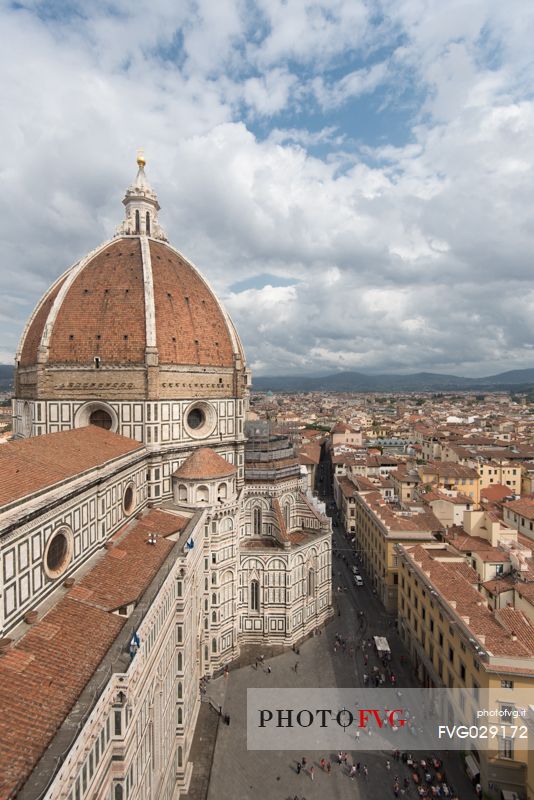 Florence cathedral dome, Santa Maria in Fiore, part of the Unesco World Heritage, seen with its famous Giotto belltower, Florence, Tuscany, Italy