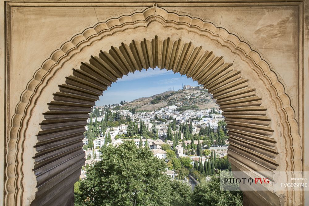 The arab quarter Albaicin or Albayzin seen from Partal portico, in the complex of the Alhambra, Granada, Spain