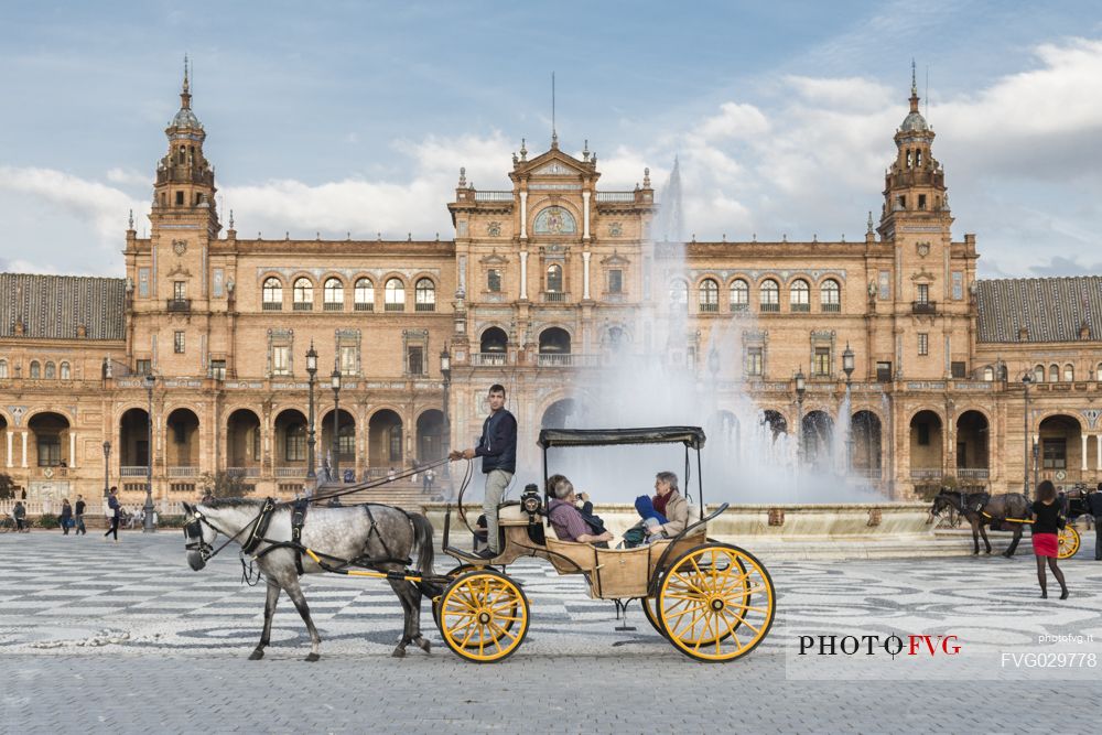 Horse carriage in the center of Plaza de Espana, Seville, Spain