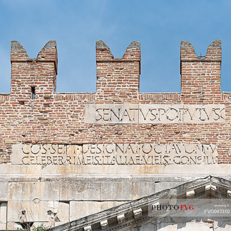 Detail of Arch of Augustus in Rimini, Emilia Romagna, Italy, Europe