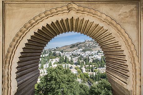 The arab quarter Albaicin or Albayzin seen from Partal portico, in the complex of the Alhambra, Granada, Spain