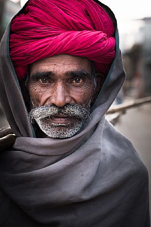 Portrait of old rajasthani Indian man with red turban, Pali, Rajasthan, India