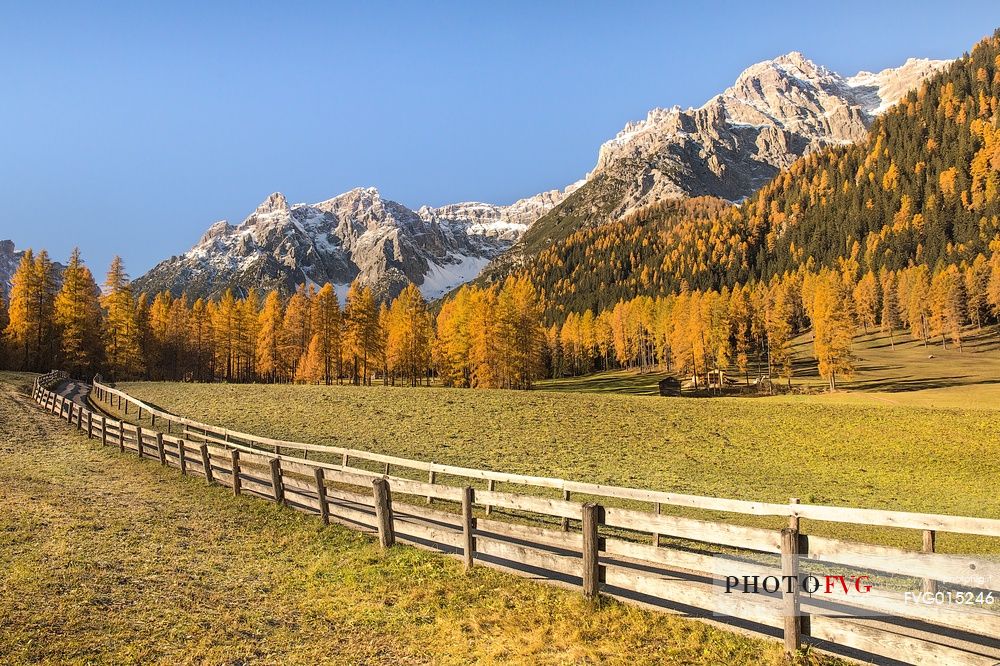 The entry to the Fiscalina valley with the Sesto Dolomites on background in a clear day of autumn